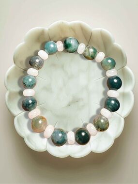 10mm Moss Agate Bracelet White Jade Rondelles Malaysian Jade Accent